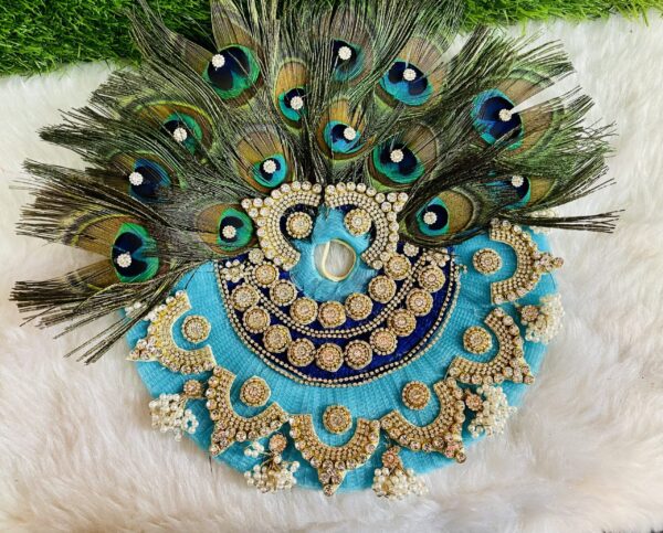 Designer Blue Peacock Feather Laddu Gopal Dress With Pagdi - Image 3