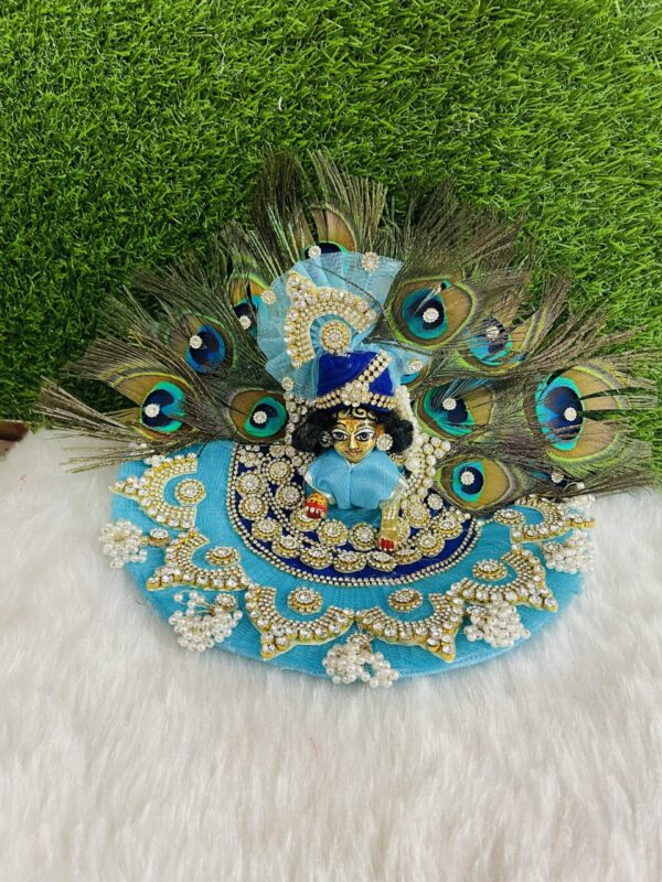 Designer Blue Peacock Feather Laddu Gopal Dress With Pagdi - Image 2